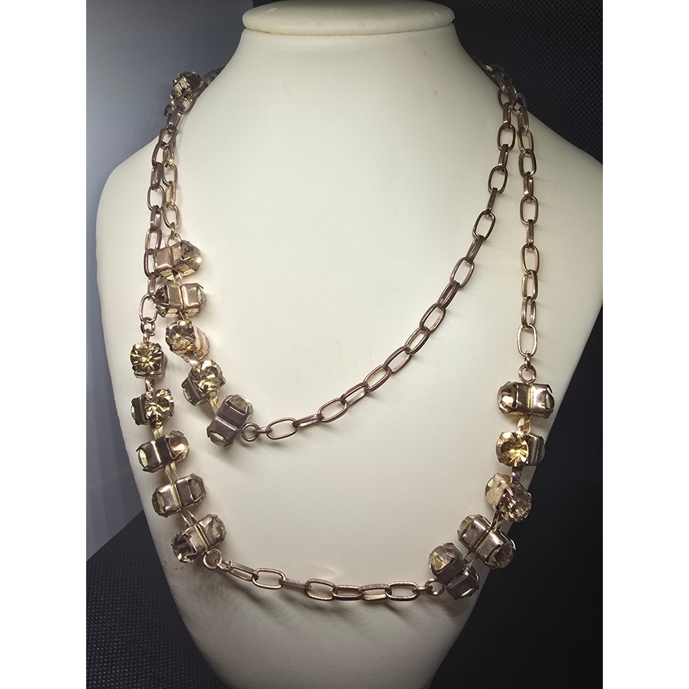 Vintage Estate Amber Crystal Double Strand Necklace Gold Tone Tarnished Patina